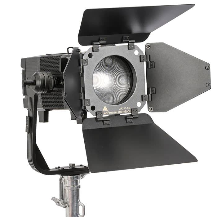 Astera Kit of 2 PlutoFresnels with Lens, Barndoor, Yoke, YokeBase, TVMP Adapter, TrackHandle and Power supplies stored in a durable protective plastic case with wheels and handle image 1